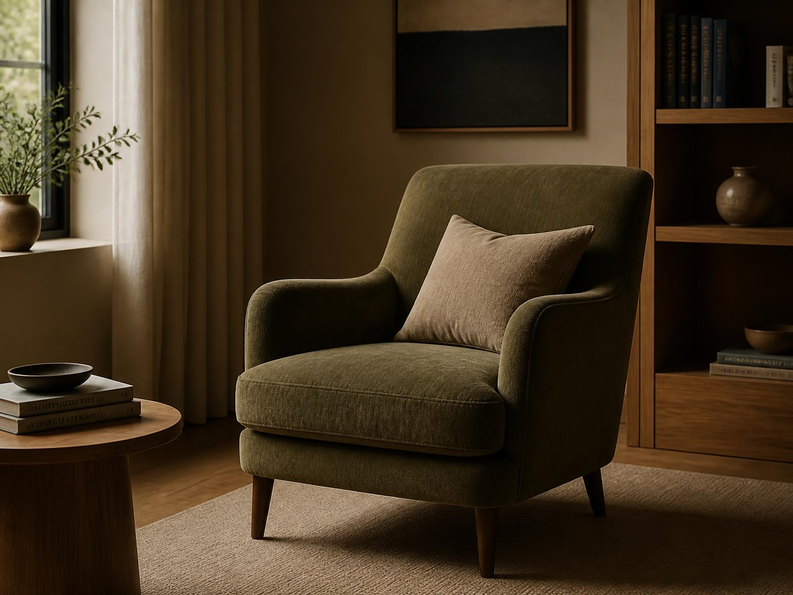 Fauteuil en velours vert olive dans un cabinet chaleureux aux tons profonds, ambiance apaisante et rassurante
